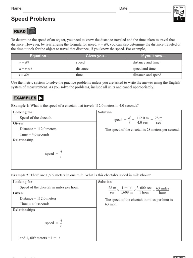 Speed, Distance and Time Worksheet  Speed  Distance In Speed Practice Problems Worksheet