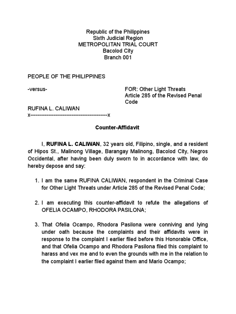 Counter affidavit complaint criminal law