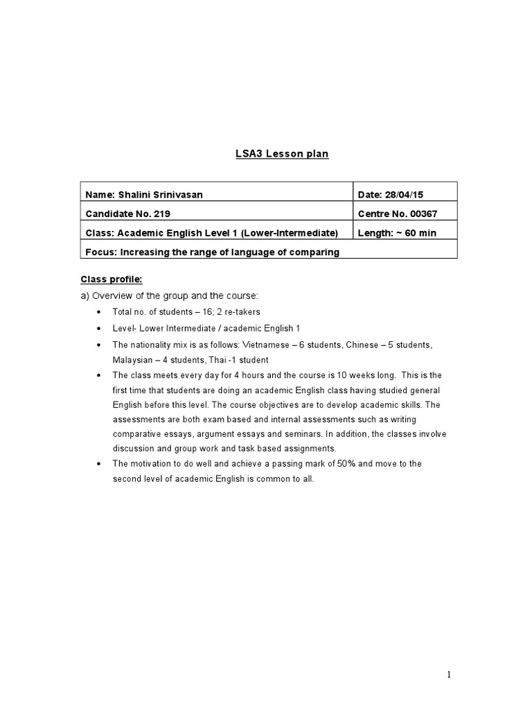Academic English Lesson Plan: Comparisons | PDF | Verb | Essays