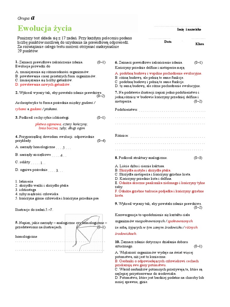 Test Sprawdzajacy Chemiczne Podstawy Zycia Biologia Na Czasie 1 Odpowiedzi Ewolucja Życia - Test a i B biologia