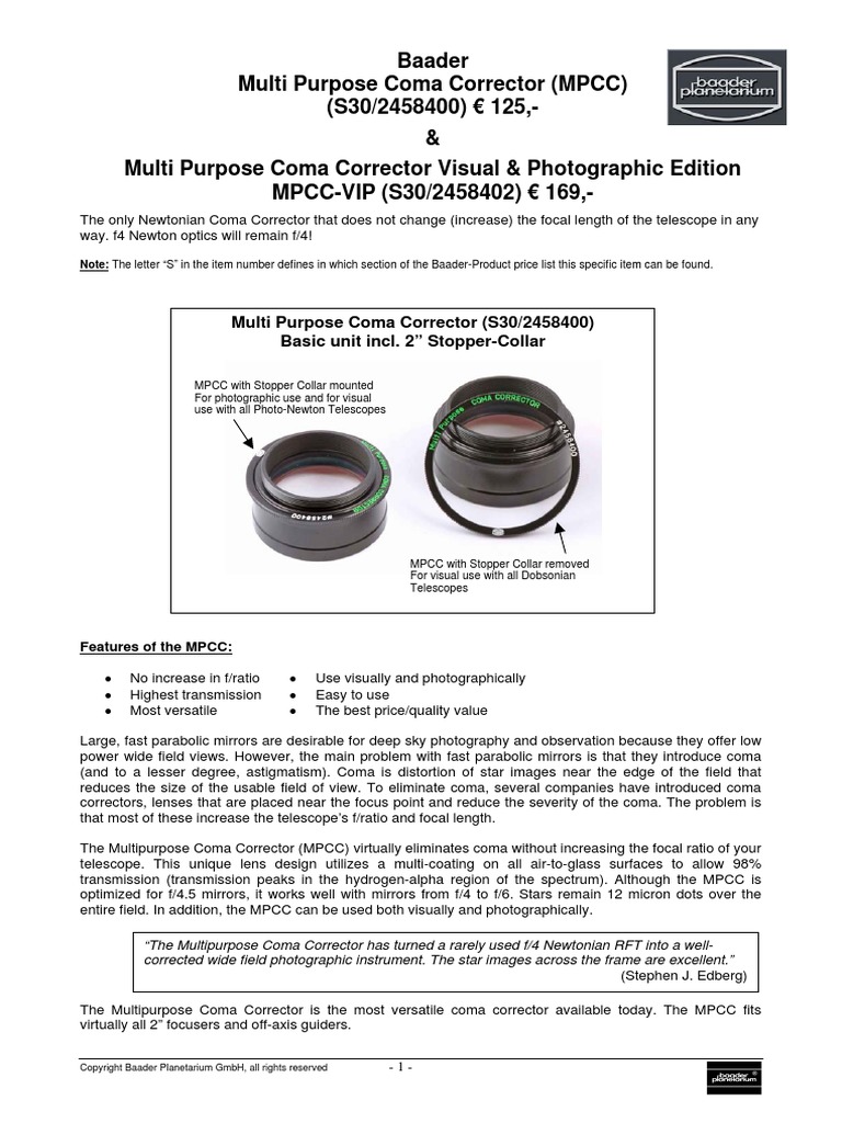 Manual Coma Corrector Baader MPCC MarckII | Atomic | Natural Philosophy