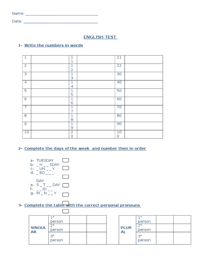 English Test: 1-Write The Numbers in Words | PDF | Language Arts ...
