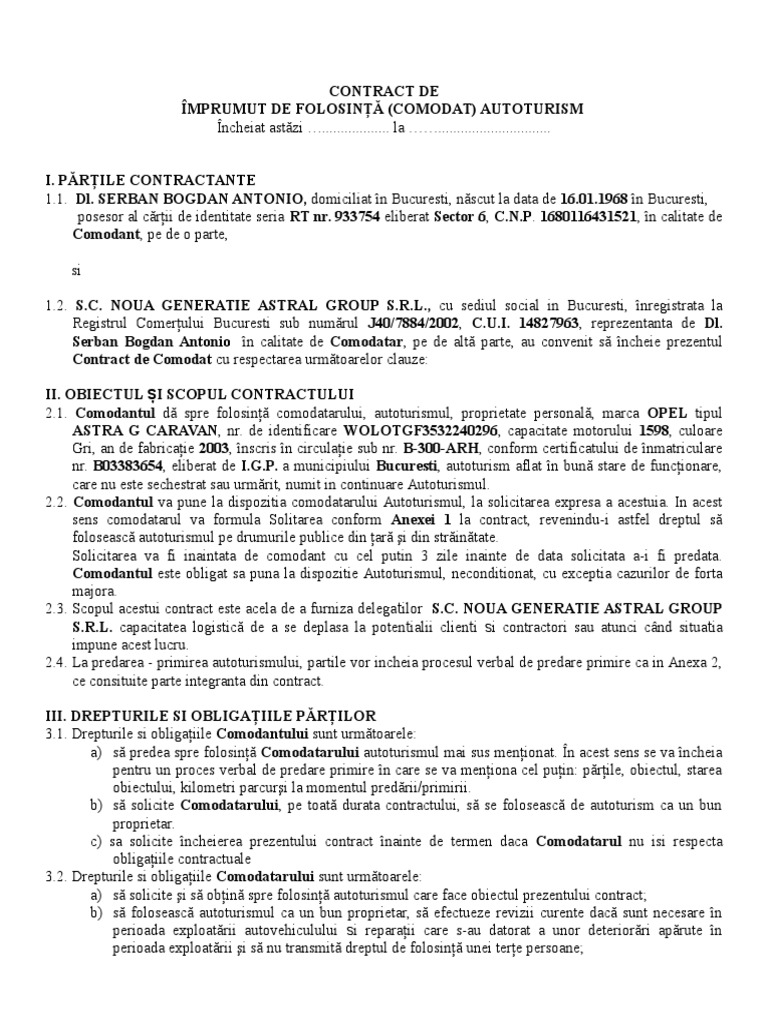 Model Contract de Comodat Auto Si Anexe | PDF