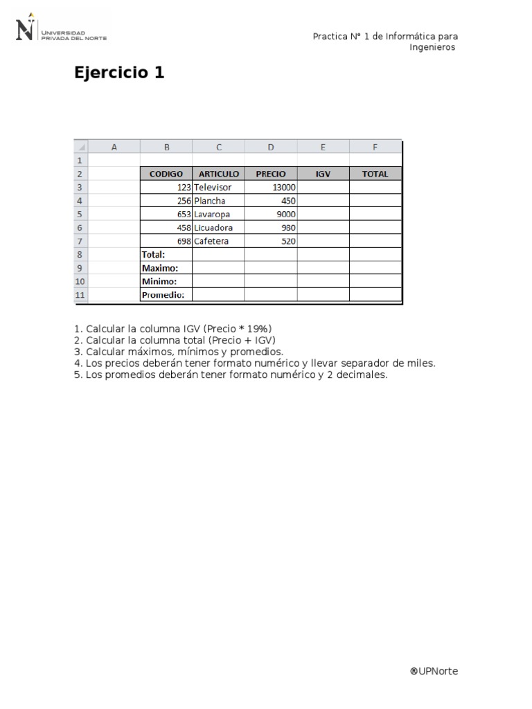 EJERCICIOS 1 - Introduccion A Microsoft Excel | PDF | Hoja de cálculo ...