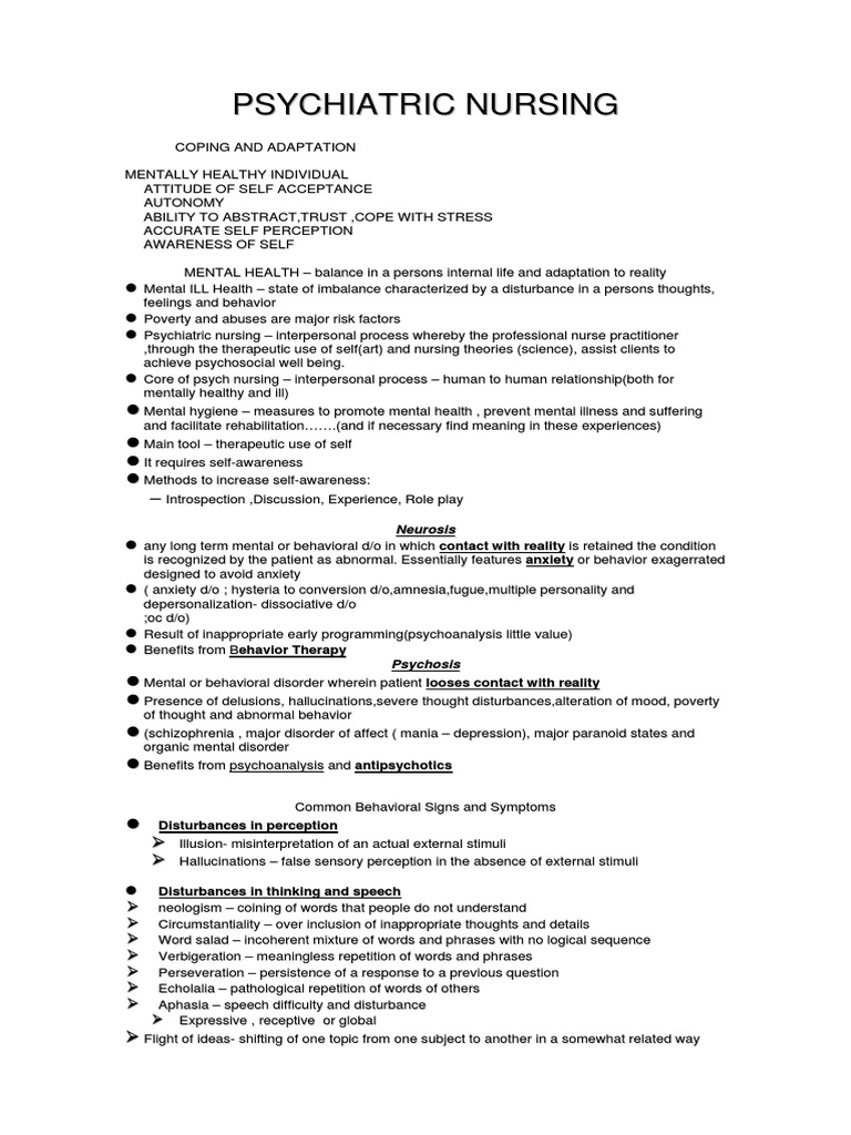 Psychiatric Nursing Notes Pdf Defence Mechanisms Psychotherapy