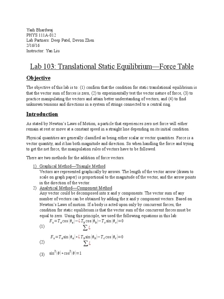 Lab 103: Static Equilibrium Analysis | PDF | Force | Euclidean Vector