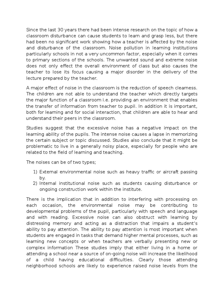 Noise Pollution Effect On Learning | PDF | Classroom | Attention