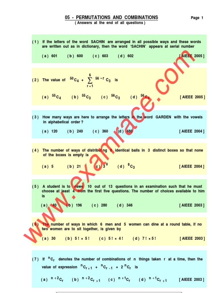 Class 11 MCQs on Permutations & Combinations | PDF | Geometry ...