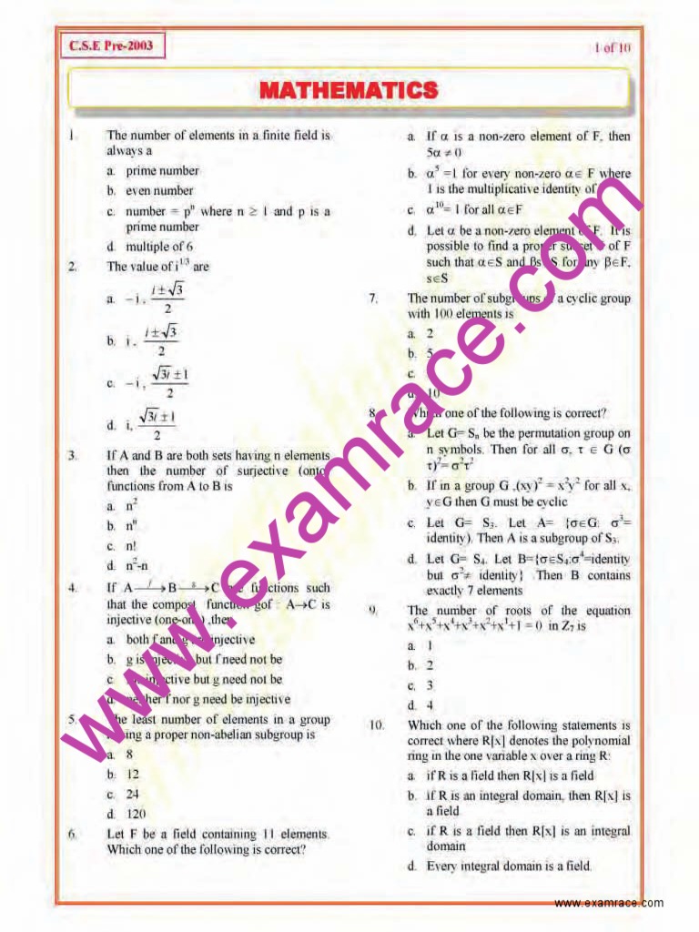 Mathematics Objective Questions Part 11 | PDF | Algebra | Mathematical ...