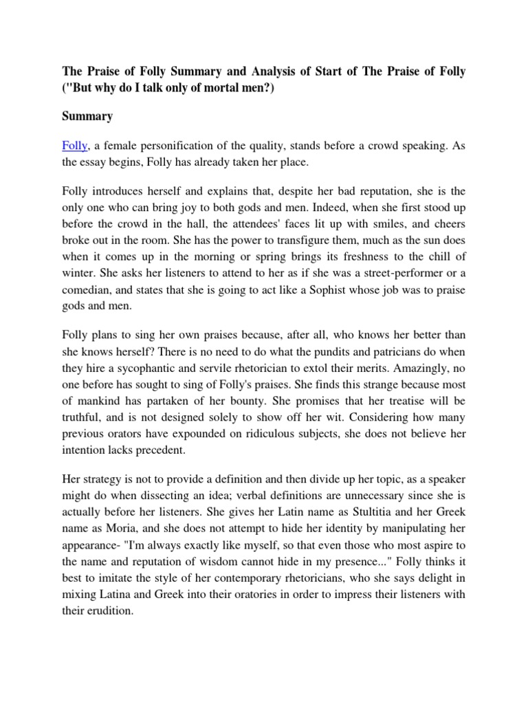 Summary and Analysis The Praise of Folly By Erasmus Rhetoric