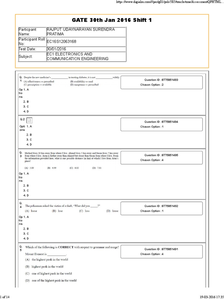 GATE 2016 Electronics Exam Answers | PDF | Games & Activities ...