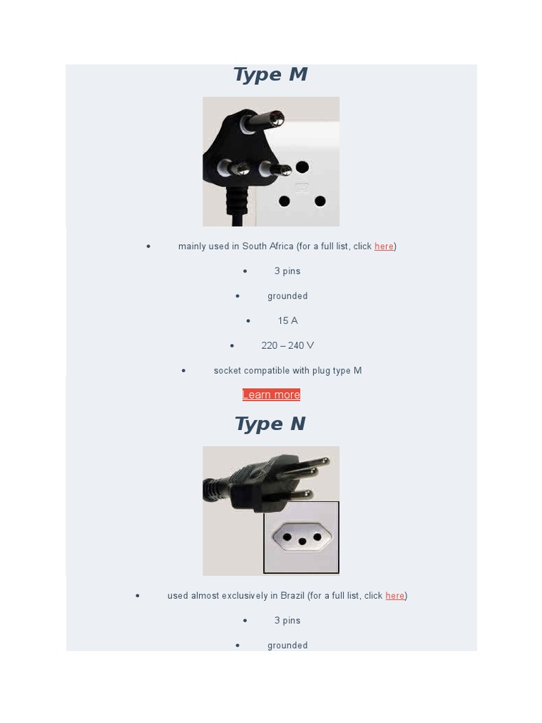 Electrical Plug Types M, N, O Overview | PDF