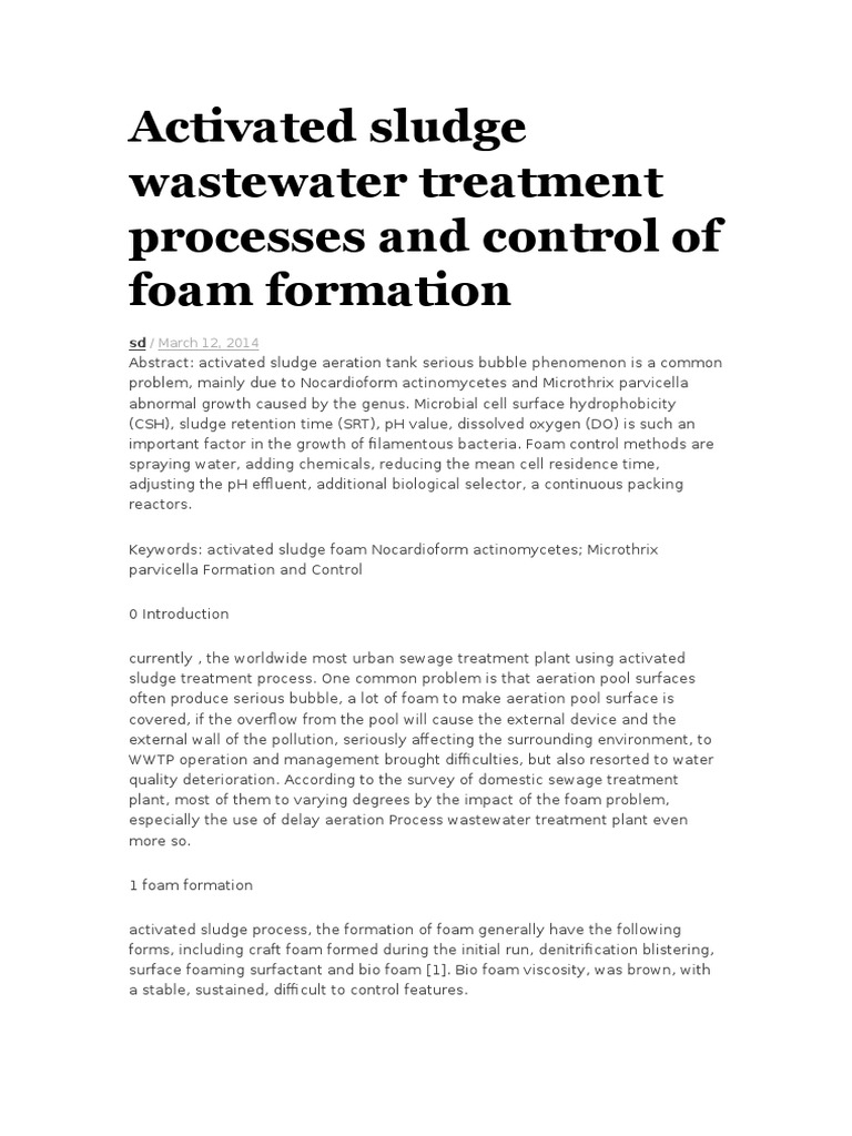 Activated Sludge Wastewater Treatment Processes and Control of Foam ...