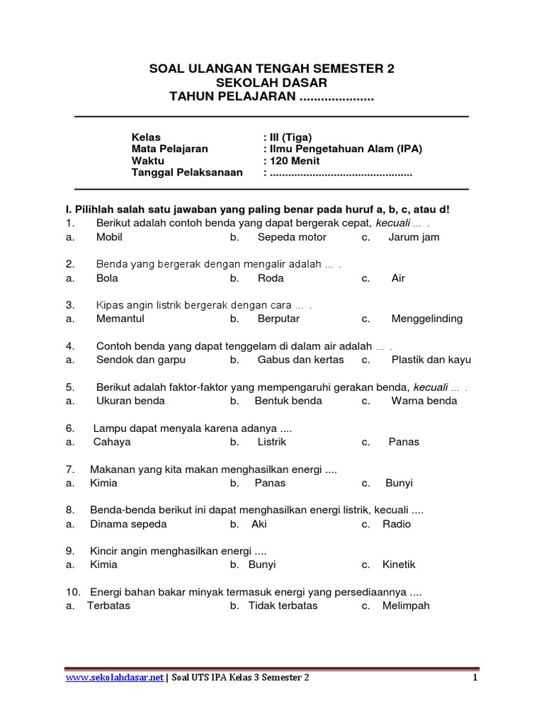 Soal Uts Ipa Sd Kelas 3 Semester 2