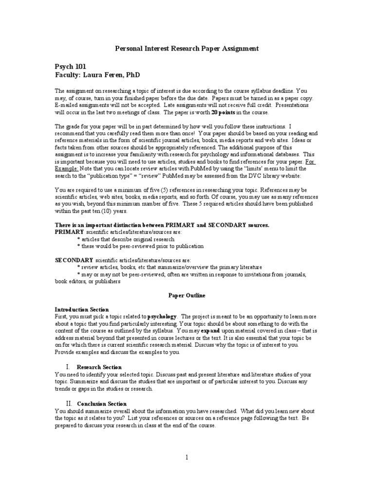 Personal Interest Research Paper Assignment Psych 101 Faculty: Laura ...