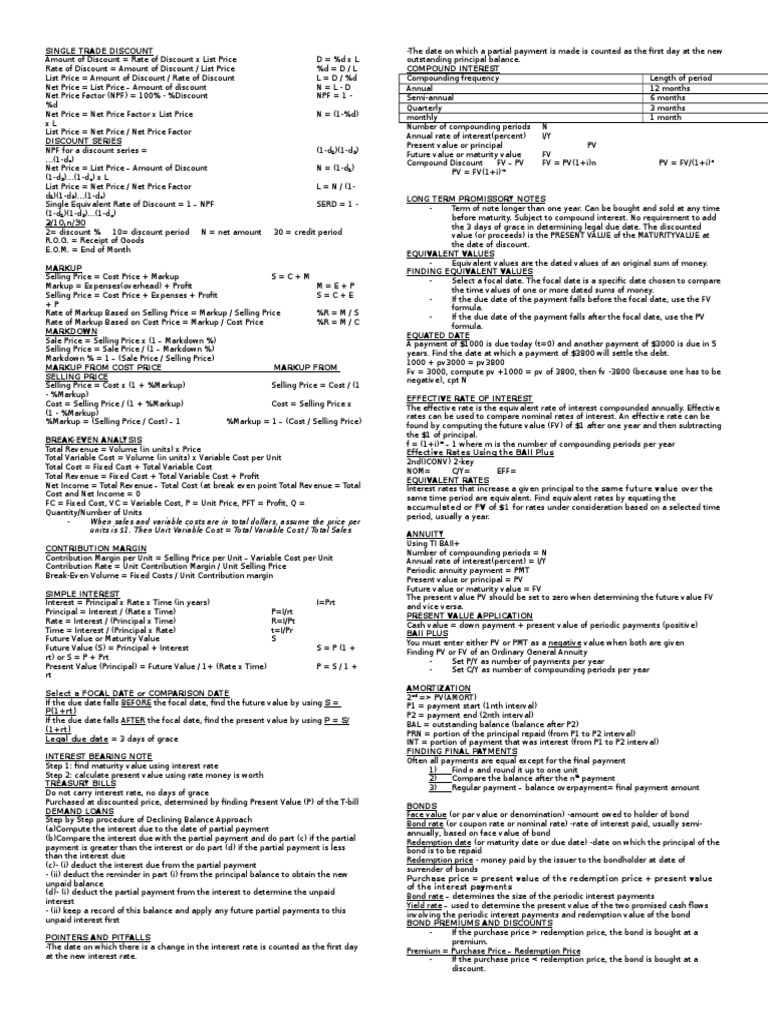 Cheat Sheet | PDF | Present Value | Bonds (Finance)