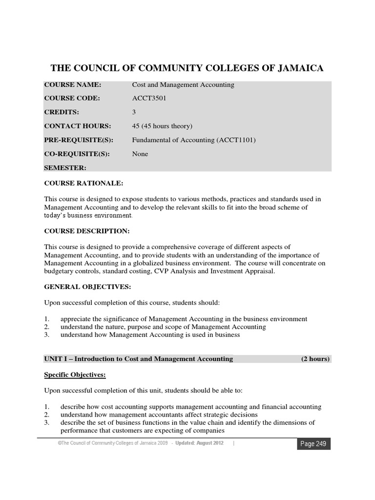 Cost and Management Accounting Course Outline Management Accounting
