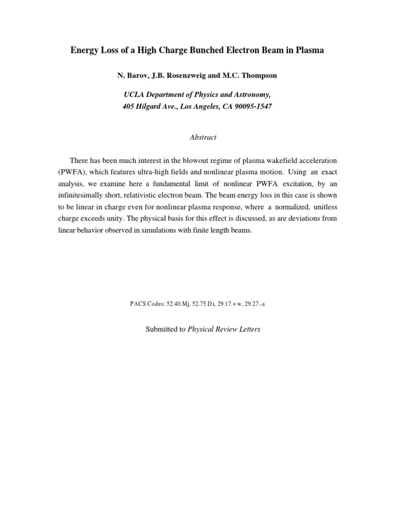 Energy Loss in High Charge Electron Beams | PDF | Plasma (Physics ...