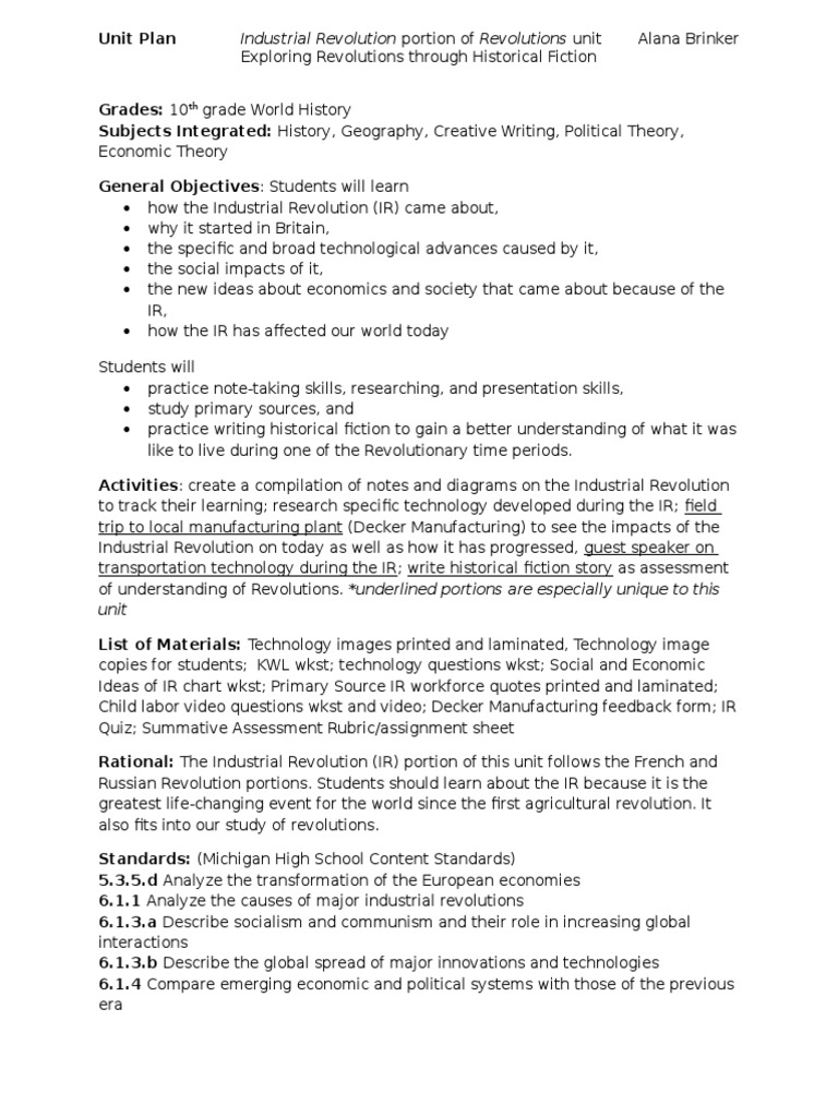 Unit Plan - Industrial Revolution - Eportfolio | PDF | Narrative ...