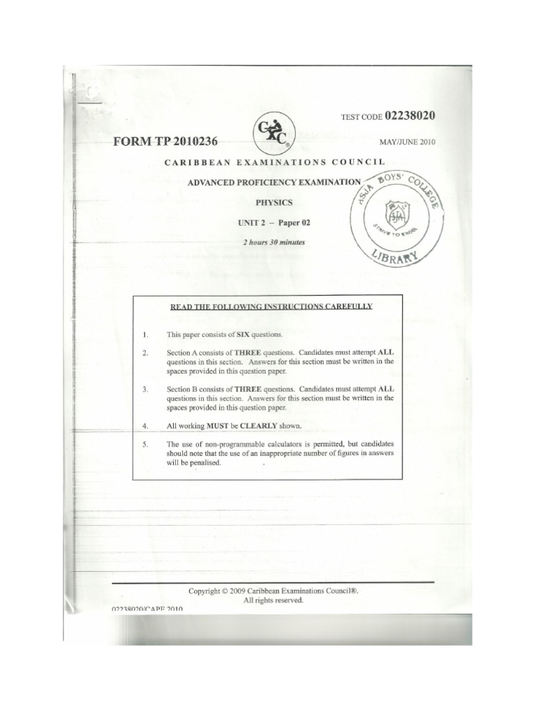 Cape Physics Unit 2 Paper 2 2010 | PDF