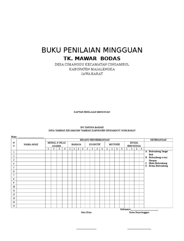 Format Penilaian Harian Tk Guru Paud