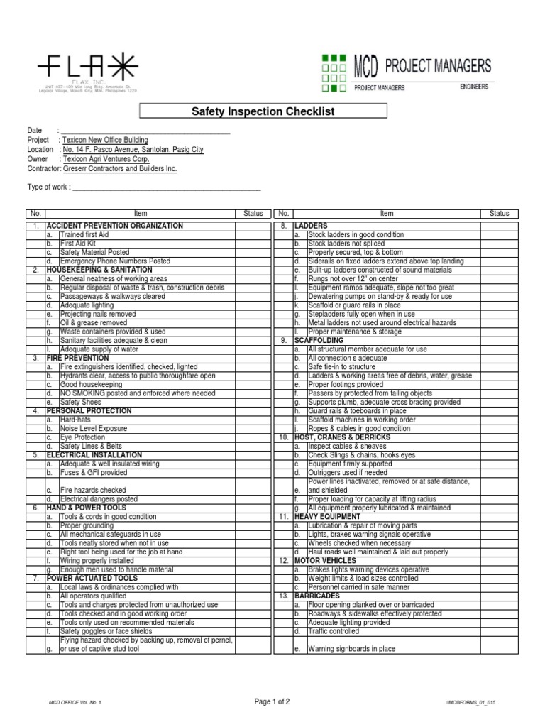 Construction Safety Inspection Checklist | PDF | Scaffolding | Crane ...