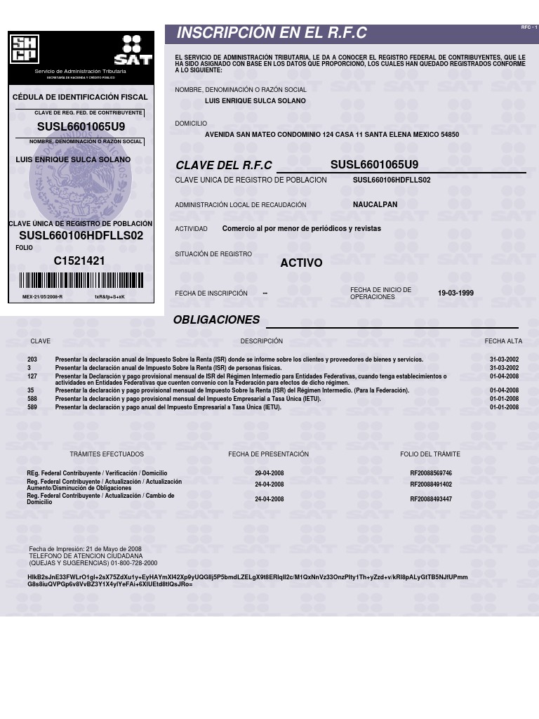 Cédula de Identificación Fiscal Ejemplo | PDF | Impuesto sobre la renta ...