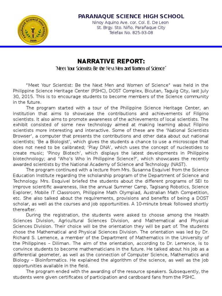 narrative report example for research