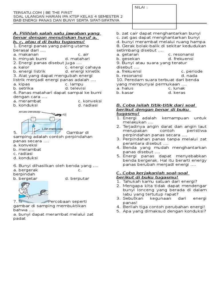 Soal Uh Ipa Bab Energi Panas Dan Bunyi Serta Sifat Sifatnya Ktsp Semester 2