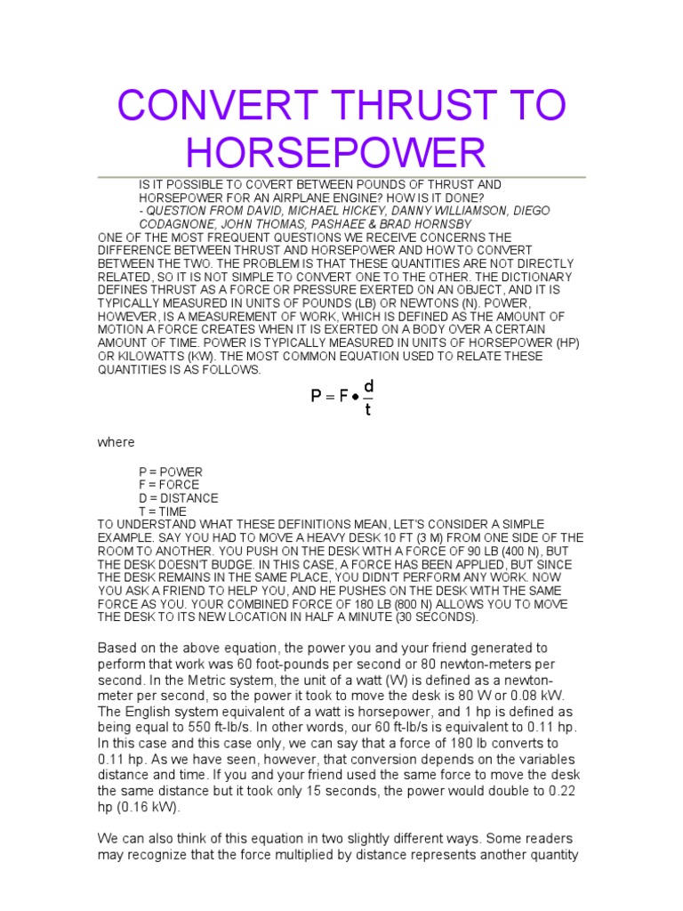 Convert Thrust to Horsepower Thrust Power (Physics) Free 30day