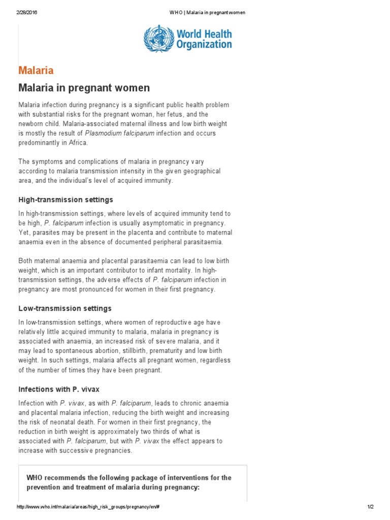 Who Malaria In Pregnant Women Malaria Plasmodium - 