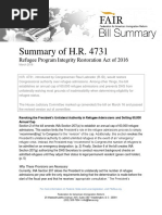 Summary of H.R. 4731 Refugee Program Integrity Restoration Act of 2016