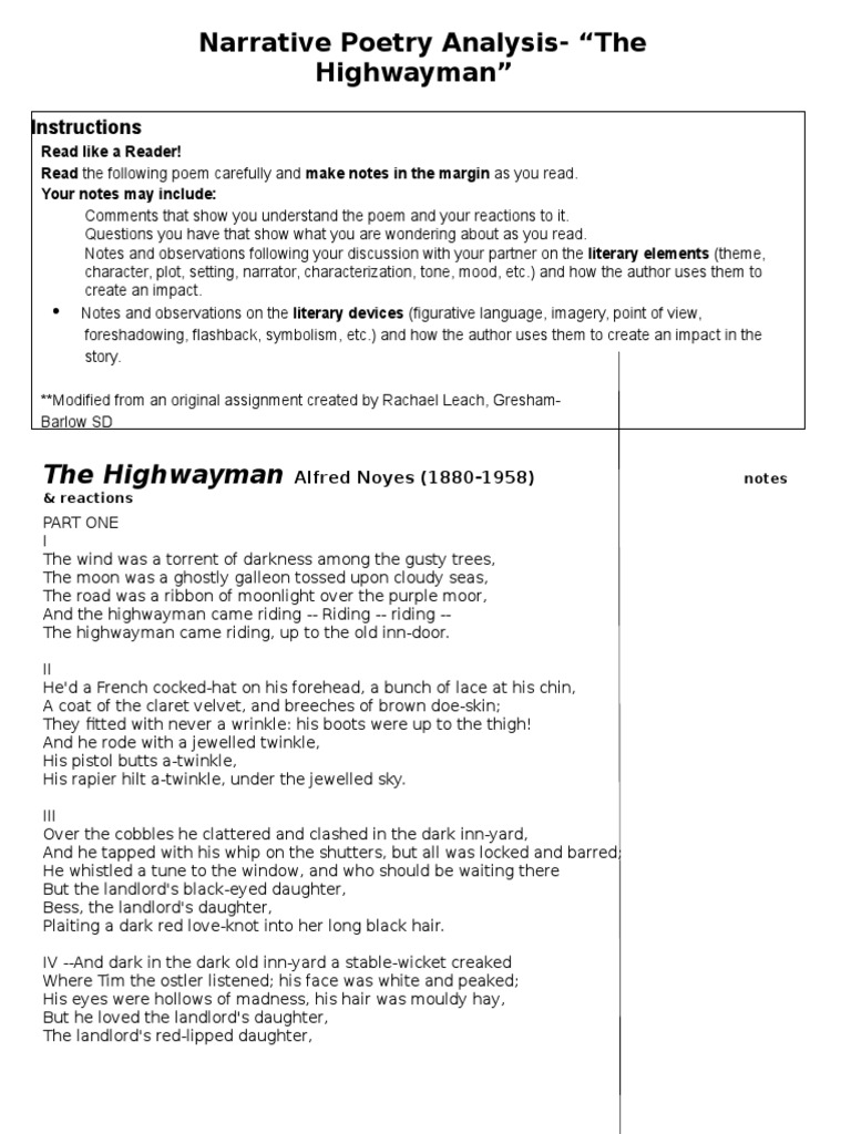 Poetry Analysis The Highwayman Poetry Narrative