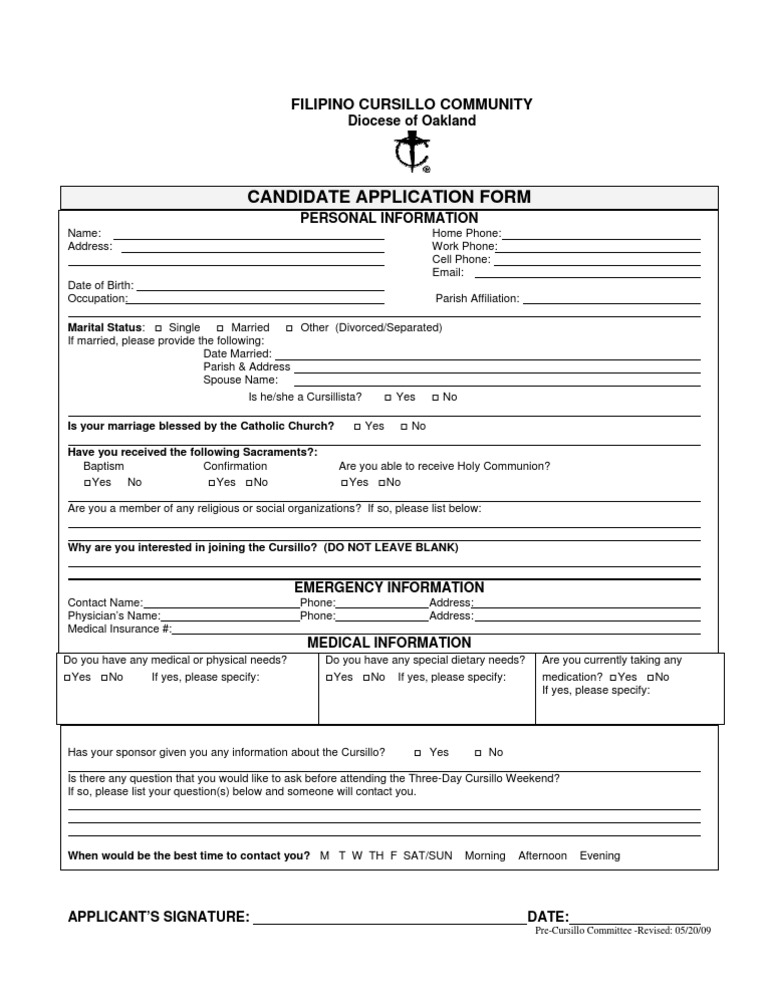 Cursillo Candidate Application Form | PDF | Confirmation | Marriage