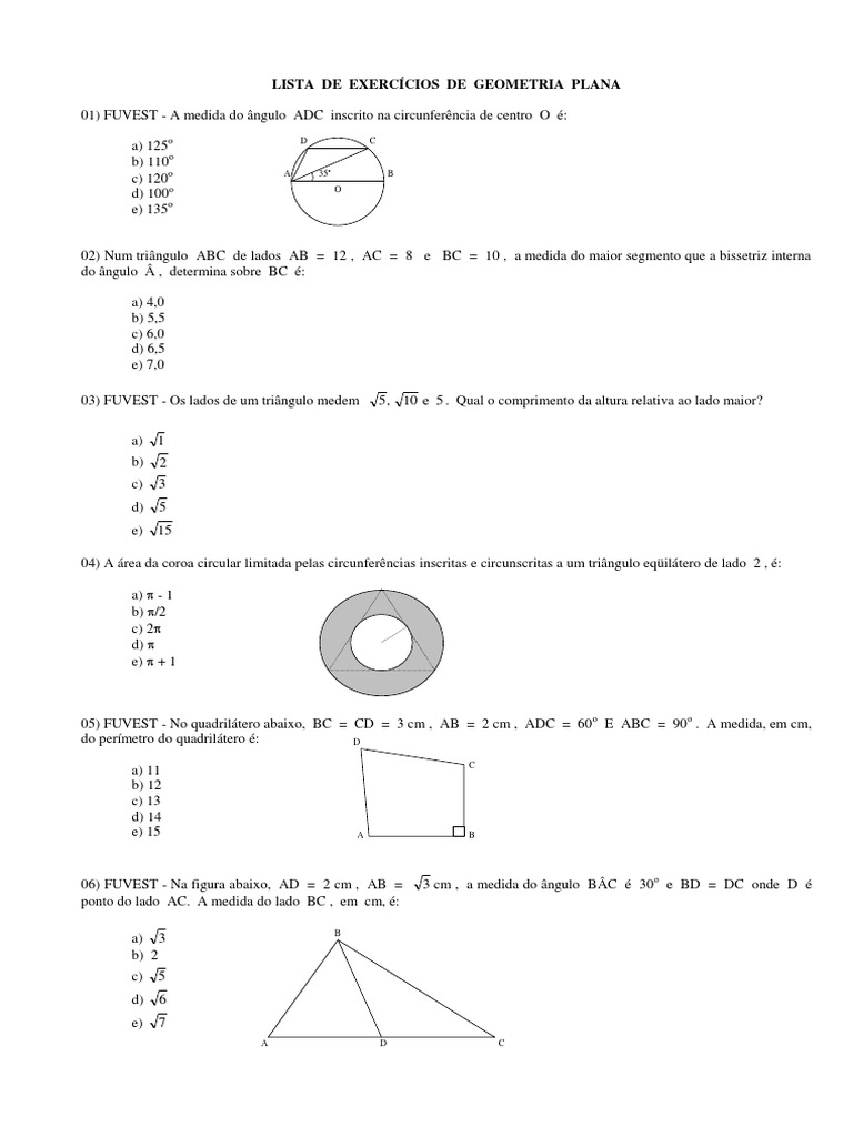 Lista de Exercícios de Geometria Plana | PDF | Triângulo | Geometria ...