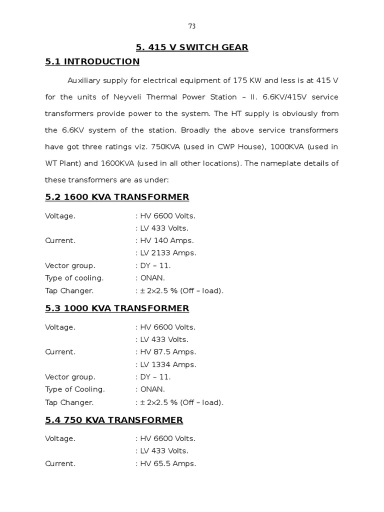 415 V System Stage-1 | PDF | Transformer | Alternating Current
