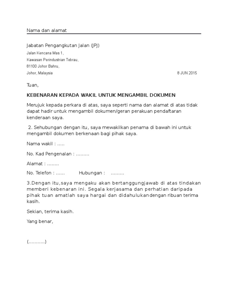 Contoh Surat Rasmi Wakil Diri - J Kosong x