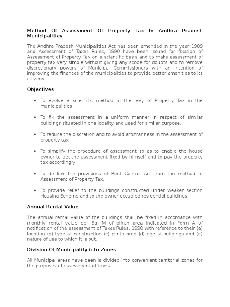 Method of Assessment of Property Tax in Andhra Pradesh Municipalities