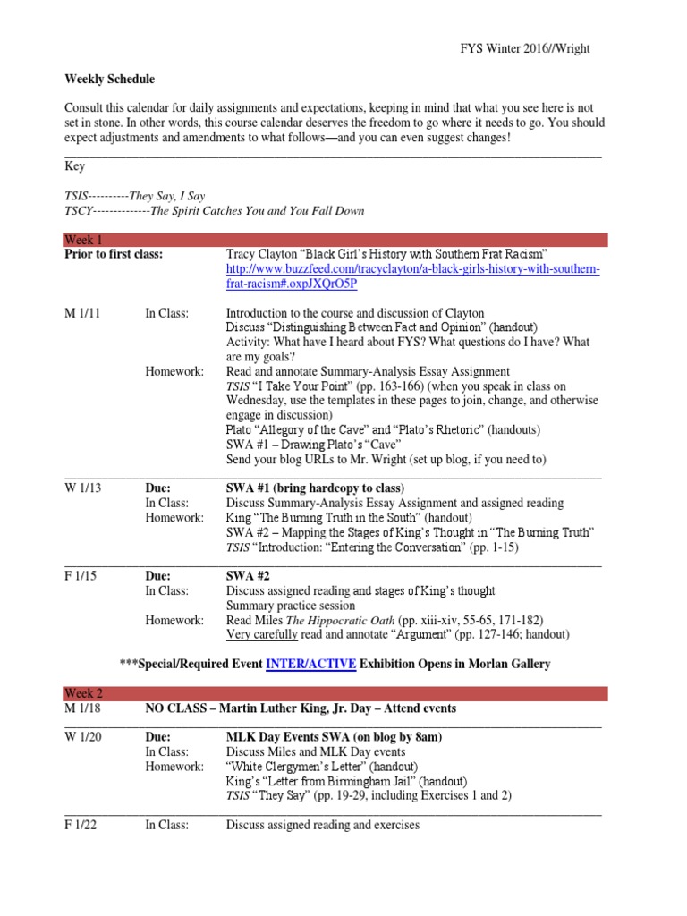 FYS Schedule Winter 2016 | PDF