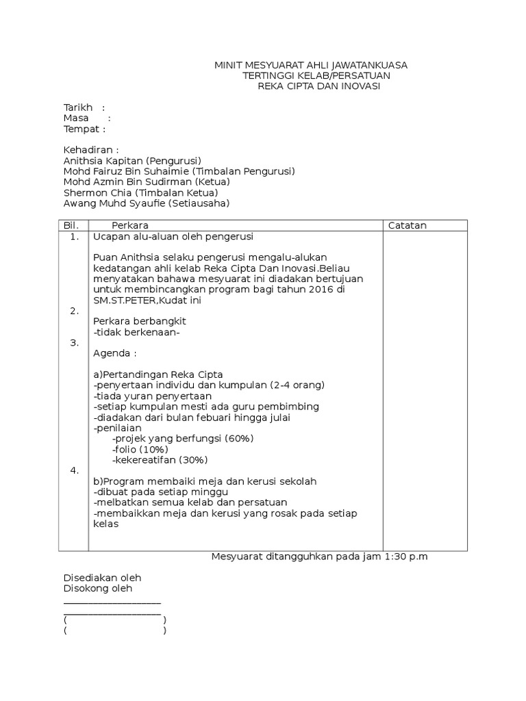 Contoh Minit Mesyuarat Reka Cipta Dan Inovasi | PDF