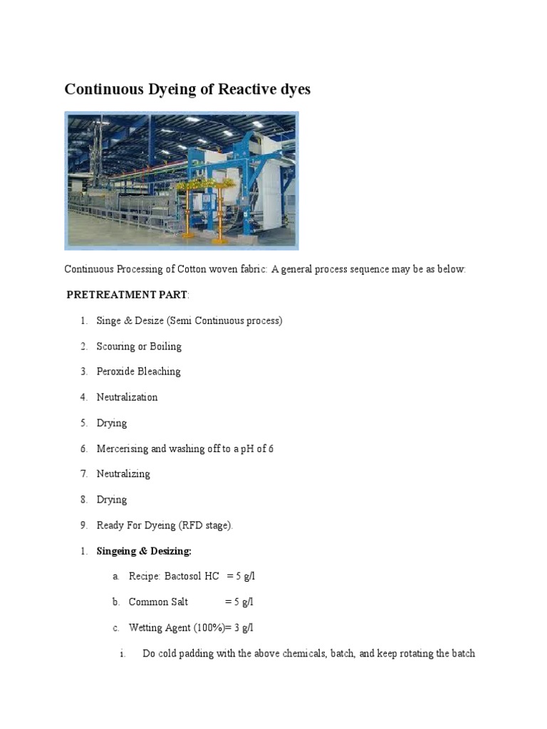 Continuous Dyeing Process for Cotton Fabrics | PDF | Bleach | Dye