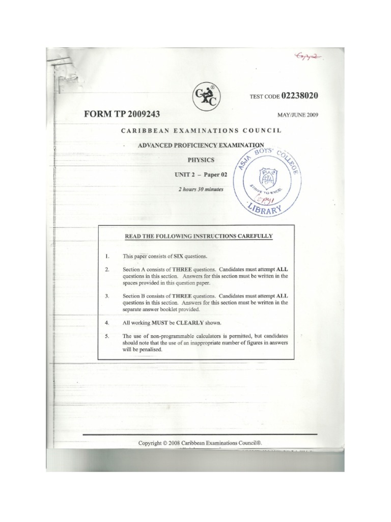CAPE Physics Unit 2 Paper 2 2009 | PDF