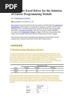 Tutorial to Excel Solver for the Solution of Linear Programming Models