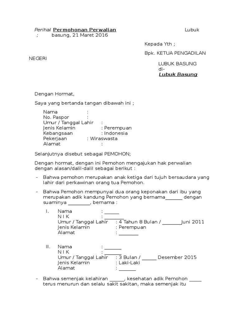 Contoh Surat Permohonan Perwalian Anak