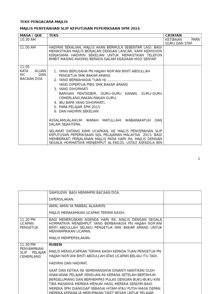 Teks Ucapan Majlis Penyerahan Slip Keputusan Spm 2015