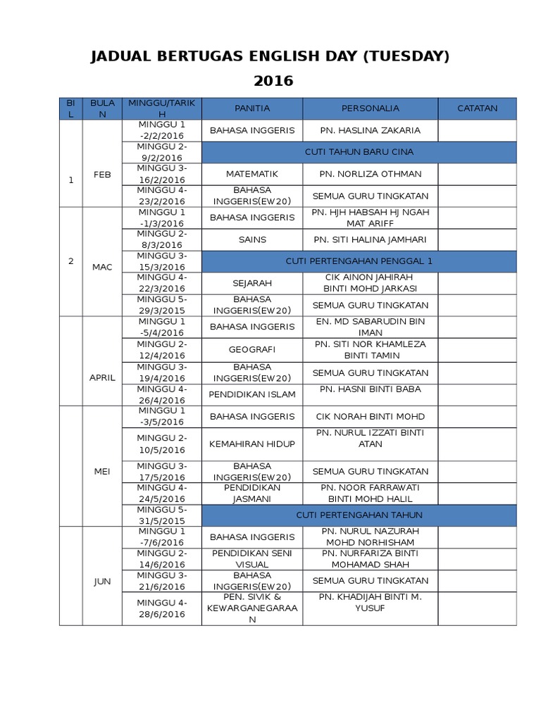 Jadual Bertugas English Day 16 Pdf
