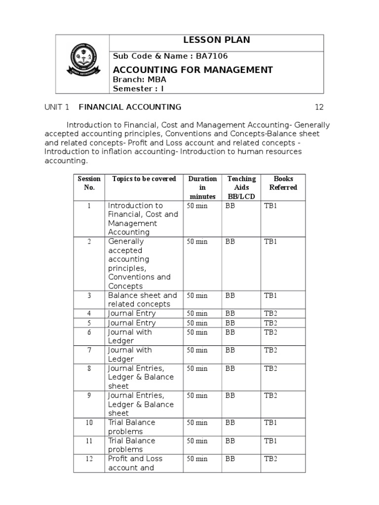 MBA Accounting and Statistics Lesson Plan | PDF | Cost Accounting ...