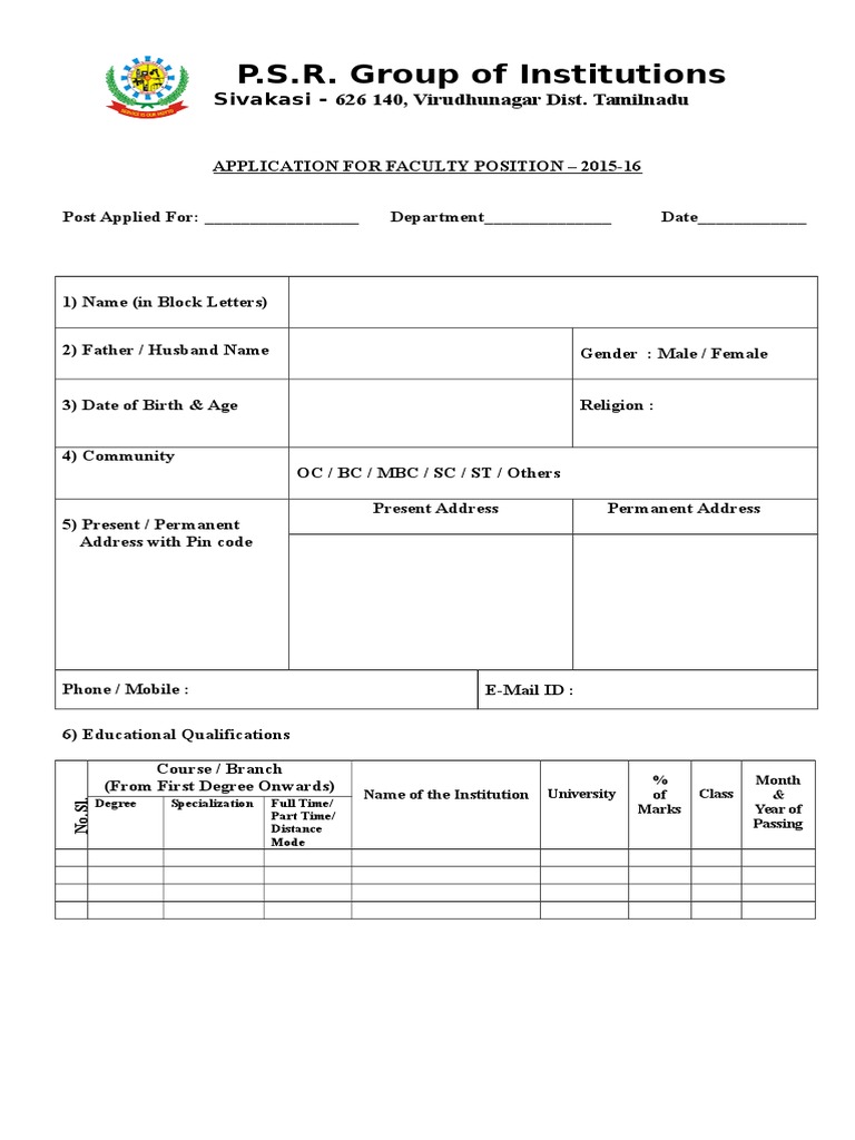 Faculty Application Form 2015-16 | PDF | Career & Growth