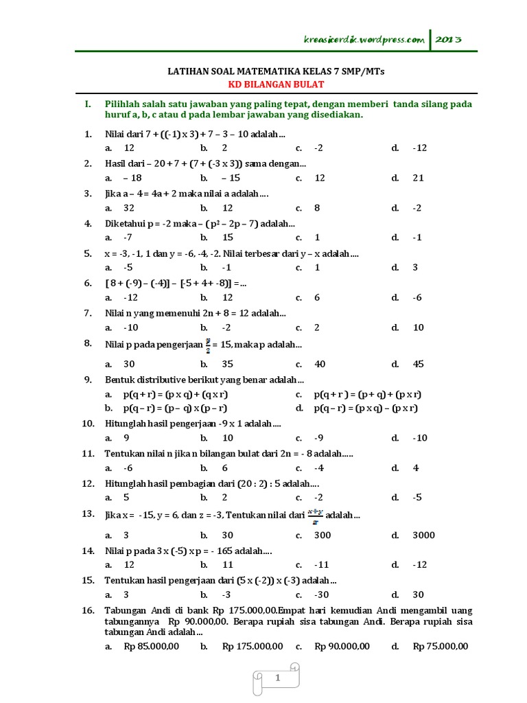 Contoh Soal: Contoh Soal Matematika Kelas 7 Operasi Bilangan Bulat