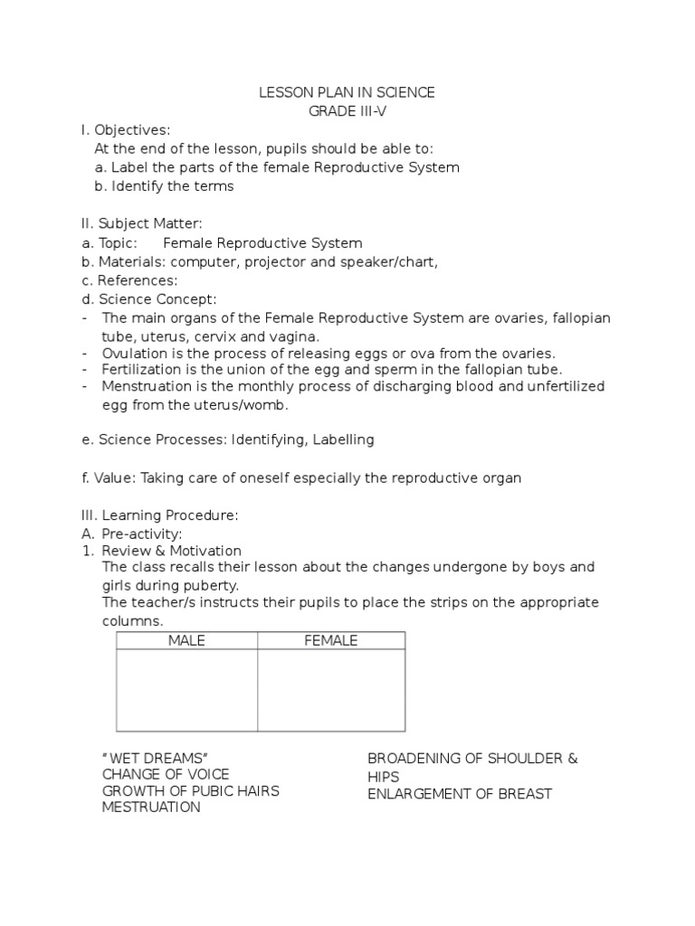 Reproductive system lesson plan